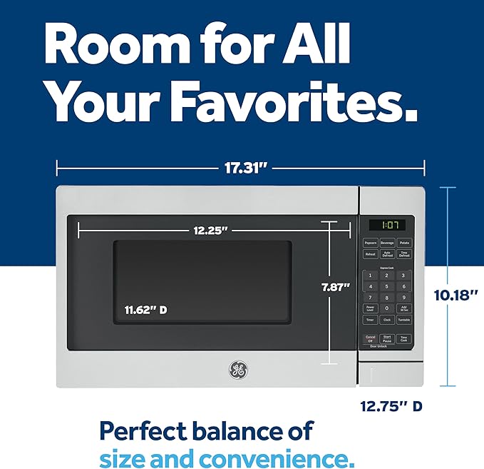 GE Countertop Microwave Oven, Compact 0.7 Cubic Ft., 700-watt Capacity, 6 Auto Cooking Settings, Child-Lock Technology, Kitchen Essentials for the Countertop, Dorm Room or Apartment, White