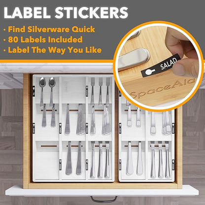 SpaceAid Bamboo Silverware Drawer Organizer with Labels, Kitchen Utensil Tray Holder Organizer for Flatware, Cutlery, Spoon and Knives Drawer Storage Organization (White, 6 Slots)