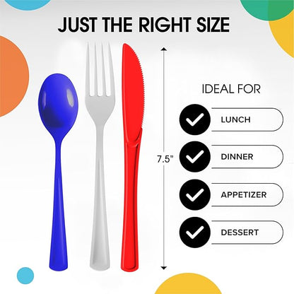 Party Solids Patriotic Plastic Silverware Heavy Duty 150 Pieces Patriotic Plastic Cutlery Sets, Utensil Sets, 50 Of Each Forks, Knives & Spoons Disposable Cutlery Set, Flatware Set For Party Supplies