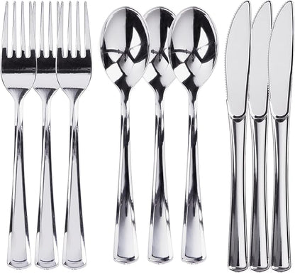 300 Plastic Silverware Set, Silver Plastic Cutlery Set, Disposable Silverware Set | 100 Plastic Forks, 100 Plastic Spoons, 100 Plastic Knives | Heavy Duty Bulk Disposable Flatware Plastic Utensils Set