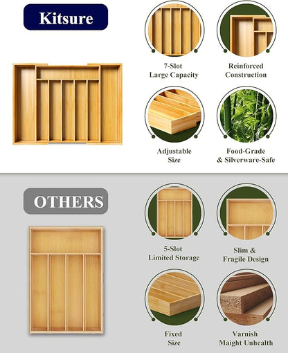 Kitsure Extra Large Bamboo Silverware Organizer - Expandable Drawer Organizer for Utensil, Cutlery and Flatware, Kitchen Storage Solution with 6 to 8 Slots, Natural, 19.7" × 15.4" × 2.0"