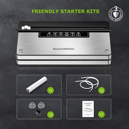 Bonsenkitchen Vacuum Sealer Machine, Powerful Stainless Steel Food Sealer with 5 Modes, Built-in Cutter & Bag Storage,Globefish Technology for High-Speed Continuous Working, Include 1 Bag Roll