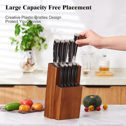ENOKING Universal Knife Block without Knives, Acacia Wood Knife Holder/Knife Organizer with Removable Plastic Bristles for Kitchen Counter Knife Storage Rack