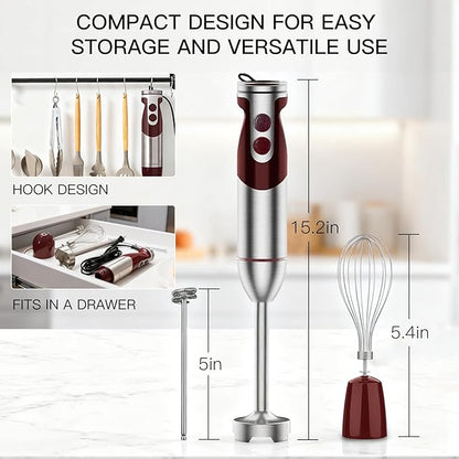 MegaWise 3-in-1 Hand Blender Set with Variable Speed Control, 400W Immersion Blender - Includes Whisk, Milk Frother, Chopper, and Beaker for Smoothies, Soups, and Baby Food (RED)