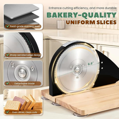 Huanyu Manual Bread Slicer Upgrade Foldable Sourdough Cutter Versatile Hand Crank Slicers Stainless Steel Blade Adjustable Thickness with Scale Line&Suction Cup for Homemade & Commercial Use (Black)