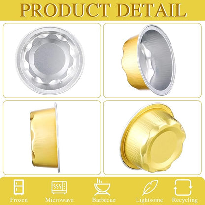 Eaasty 150 Count Baking Cups with Lids, 1.6 oz Muffin Cupcake Liners Aluminum Foil Mini Cake Pans Small Disposable Ramekins Flan Containers with Lids for Christmas, Birthday, Various Holiday(Gold)