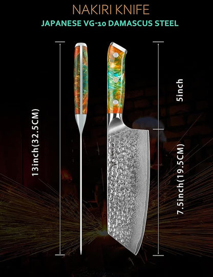 7.5" Nakiri Knife - Kitchen Vegetable Cleaver - Japanese Usuba Knife - Hammered Damascus Steel & Resin Handle - YAO Series