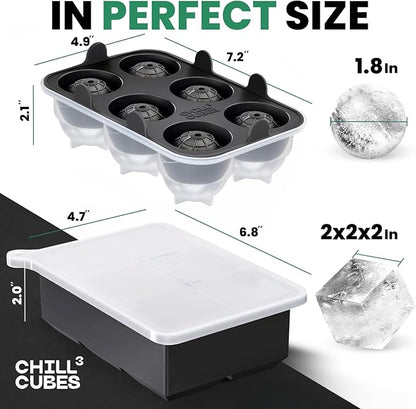 Large Ice Cube Trays Combo - Set of 2, Silicone Ice Ball Maker & Ice Cube Trays with Lids for Chilly Drinks, Perfect for Whiskey, Cocktails - BPA-Free