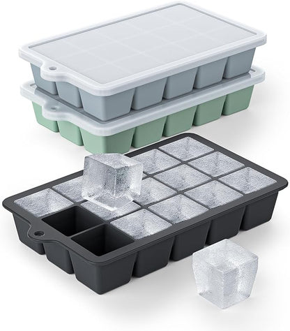 Silicone Ice Cube Tray 3 Pack - Easy Release ice cube tray with lid, BPA Free Ice Cubes Trays for Freezer,ice cube mold for Cocktail,Whiskey (Black+Grey+Mint)