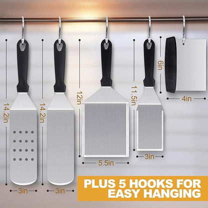 HaSteeL Griddle Accessories Kit of 5, Heavy Duty Metal Spatula, Professional Stainless Steel Flat Top Griddle Tools Set, Pancake Flipper/Griddle Scraper/Hamburger Turner for BBQ Grilling Cast Iron