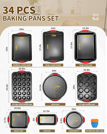 Baking Pans Set with Silicone Handles, 34 PCS Nonstick Bakeware Sets, Oven Pan Set Includes Baking Tray, Cookie Sheet, Cake Pans, Loaf Pan, Muffin Pan, Pizza Pan