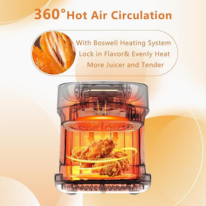 BOSWELL Glass Air Fryer, 7.5 QT with Transparent Fry Bowl, Circulating Heating, Temperature Control, Stainless Steel Air Fryer Roast, Dishwasher Safe (Pink)