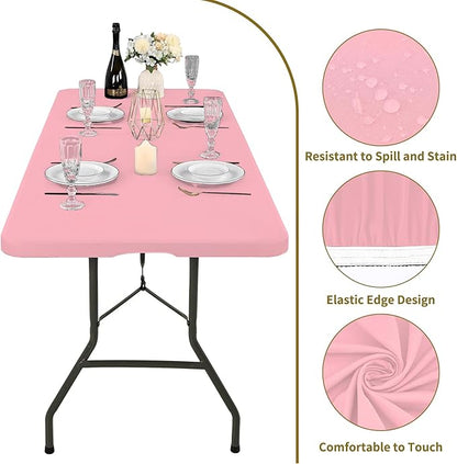 10 Pack Fitted Tablecloth for 8 Foot Rectangle Tables, Pink Elastic Outdoor Picnic Table Cover, Washable Stretch Folding Table Cloths 8 ft for Camping Party Patio Kitchen Banquet, 30" W x 96" L