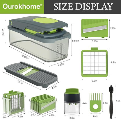 Ourokhome Veggie Chopper and Dicer with Container, Manual Hand Food Mandolin Slicer with 4 in 1 Handheld Vegetable Spiralizer for Zucchini, Potato, Onion, Essential Kitchen Gadgets (12 in 1, Gray)