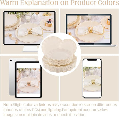 LIYH 24 Pcs Plastic Plates Reusable,Unbreakable Dinner Plates, Scalloped Plastic Plates, Dishwasher Safe,Ivory Plate Sets Perfect for Parties, Birthday, Picnics, BPA Free(12Guests)