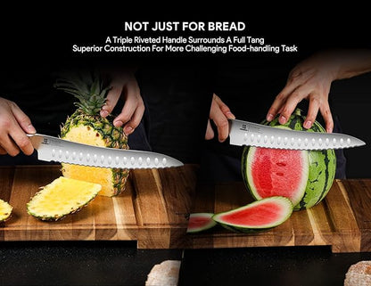 Resharpenable Bread Knife, 8 Inch Multifunction Serrated Knife, German HC Stainless Steel Bread Cutting Knife with Innovative Wavy Edge for Efficient Slicing, Razor Sharp for Homemade Bread