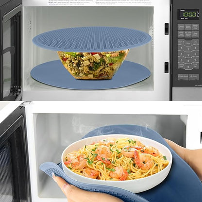 Extra Large Silicone Microwave Mat & Food Cover- Mat as Bowl Holder, Cover for Splatter Guard, Multi-Use Silicone Trivet Pot Holders, Drying Mat for Kitchen Counter, 12"Heat Resistant Mat, Blue 2Pack