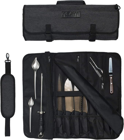 Asaya Chef Knife Roll Bag - 20 Total Pockets for Knives and Kitchen Utensils - Made with Stain Resistant Waxed Nylon - For Chefs and Culinary Students - Knives Not Included(Black)