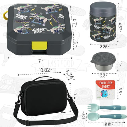 Itslife Bento Lunch Box Set for Kids with 12oz Soup Thermo&Lunch Bag, Leak-Proof Lunch Food Containers for Kids School, 5 Compartment, Sauce Cup, 10 Notes (Grey Dinosaurs)