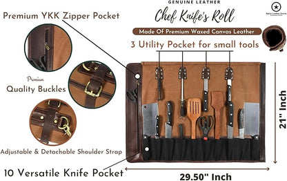 Leather Knife Roll Storage Bag, Elastic and Expandable 10 Pockets, Adjustable/Detachable Shoulder Strap, Travel-Friendly Chef Knife Case (Peanut, Canvas)