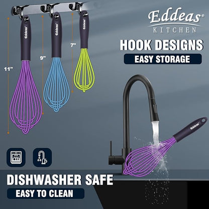 Silicone Whisk, 500°F Heat Resistant Non Scratch Coated Whisks for Cooking Baking Balloon wisk, Kitchen Whisk Tool Set, for Stirring, Beating & Blending of 3 Size 7.5"+ 9" +11 inch