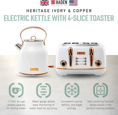 Haden Heritage 4 Slice Wide Slot Stainless Steel Toaster Bundled with 1.7 Liter Stainless Steel Electric Water Kettle, Ivory & Copper