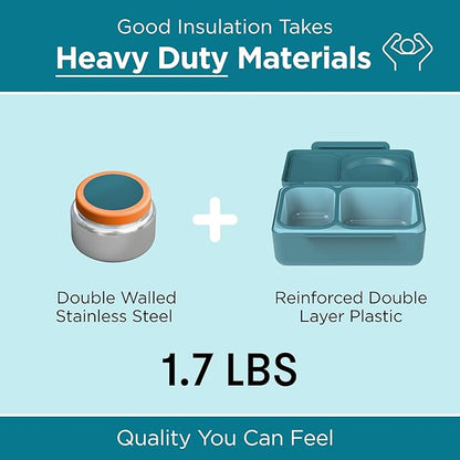 Omie OmieBox UP bento Box for Kids | Insulated Lunch Box | Leak Proof Vacuum Insulated Thermal Food jar | Cooler ice Pack | 2 Compartments (Teal Green)