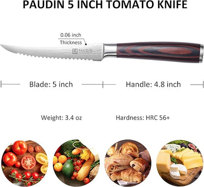 PAUDIN Tomato Knife, 5 inch Serrated Tomato Knives with Sheath, High Carbon Stainless Steel Tomato Slicer Knife for Smooth Cutting Slicing Vegetables and Fruits