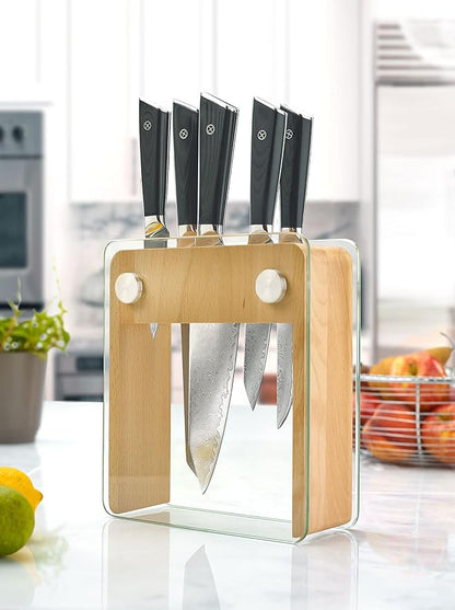 Mercer Culinary Premium Grade Super Steel 6-Piece Knife Set with Glass/Wood Block Stand, G10 Handles