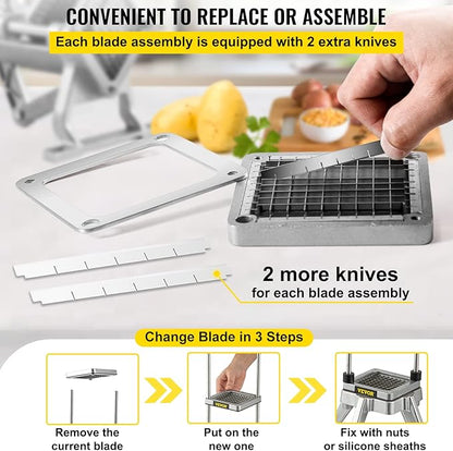 VEVOR Replacement Chopper Blade, 3/8 inch, 3 PCS French Fry Blade Assembly with 6 Extra Knives, Stainless Steel Dicer Parts and Push Block for Cutting Potatoes Carrots Onions Cucumbers Mushrooms