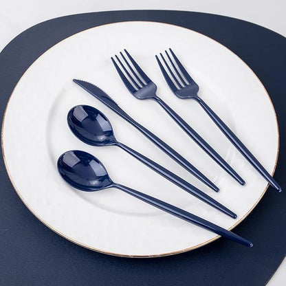 Supernal 180pcs Blue Plastic Silverware Heavy Duty Blue Party Disposable Cutlery Plastic Forks and Spoons Disposable Utensils Include 60 Forks,60 Knvies,60 Spoons for Wedding,Party or Daily Using