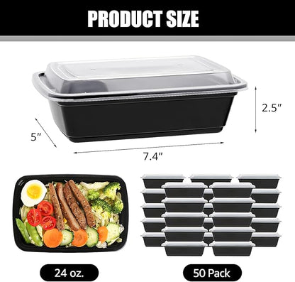 50 PACK, 24 oz. Meal Prep Containers, Extra Large & Thick Food Storage Containers with Lids - BPA Free Stackable Microwavable & Dishwasher Safe, Travel, To Go, Bento Box