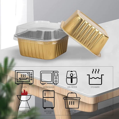 50 Pcs Mini Square Baking Cups with Lids,5oz Aluminum Foil Mini Cake Pans with Lids,Disposable Ramekins Cake Pans,150ml Dessert Cups Cupcake Pans for Wedding Birthday Party,Gold