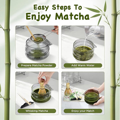 OUTXE Matcha Whisk Set, 7 PCS Matcha Kit for Ceremony, with Clear Matcha Bowl, Spout, Bamboo Whisk& Holder, Stainless Steel Sifter, Japanese Ceremonial Gift for Family/Friend/Macha Lover Starter