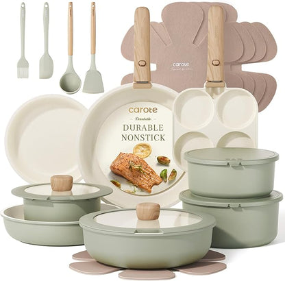 CAROTE 25pcs Pots and Pans Set Non Stick, Cookware Sets, Kitchen Set, Oven/Dishwasher/Fridge Safe, Space Saving Pots Set, Nonstick Set with Versatile Detachable Handle, Induction RV Set, Green