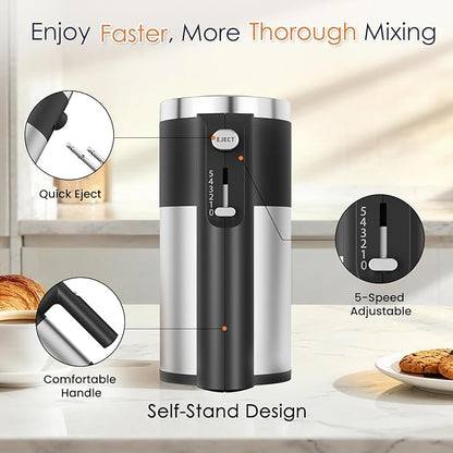 Powerful 600W Hand Mixer, 5-Speed Electric Hand Held Mixer for Baking, Lightweight Stainless Steel Hand Beaters *2 & Dough Hooks*2 with Eject Button, Kitchen Mixer for Cream, Cookies, Dough-Black