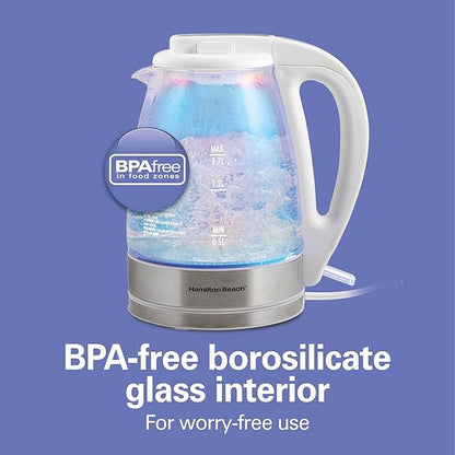 Hamilton Beach 1.7L Electric Tea Kettle, Water Boiler & Heater, LED Indicator, Built-In Mesh Filter, Auto-Shutoff & Boil-Dry Protection, Cordless Serving, Iridescent Clear Glass (41055)