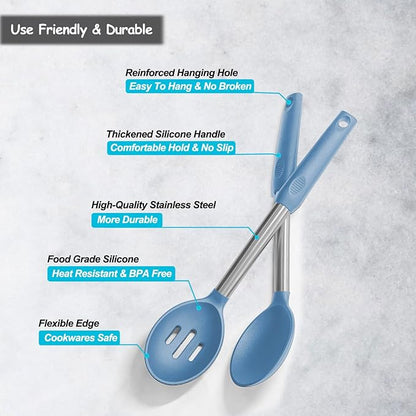 Pack of 2 Large Silicone Cooking Spoons,Non Stick Solid Basting Spoon,Heat-Resistant Kitchen Utensils for Mixing,Serving,Draining,Stirring (Starry Blue)