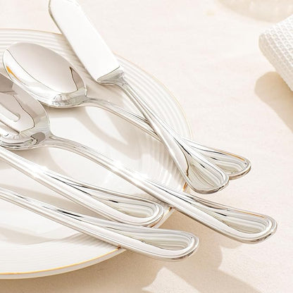 KINGSTONE 8 Piece Teardrop Serving Utensils Set, 18/10 Stainless Steel Serving Utensils, Slotted Spoons, Forks, Tongs, Cake Server, Butter Knife for Buffet, Catering, Wedding, Party