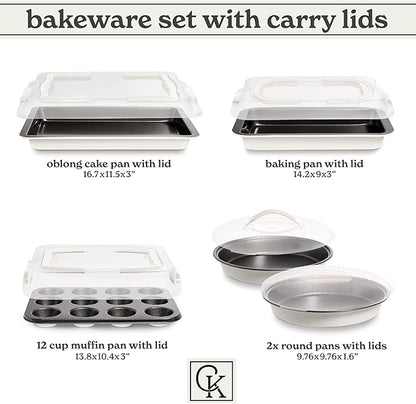 Country Kitchen Baking Pans Set - 10 Piece Non-Stick Cake Pans with Carry Lids for Easy Storage & Travel, Perfect for Parties - Stackable, Cream