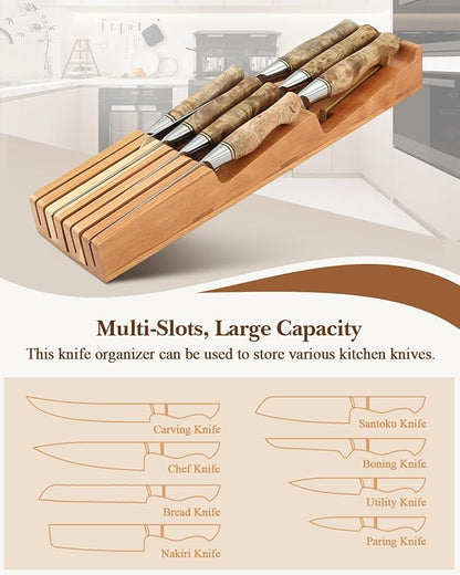 HEZHEN 7-slot Cherry Wood In-drawer Knife Tray,Kitchen Storage Organization Organizer Insert,Saves Countertop Space