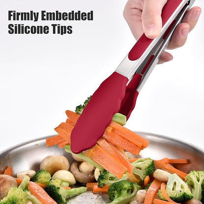 Doosu Kitchen Tongs for Cooking - 600°F Heat Resistant Food Tong Set with Non-Scratch Silicone Tips, Heavy Duty Stainless Steel Locking Tong for BBQ, Grilling Steak, Serving Salad (7+9+12in, Red)