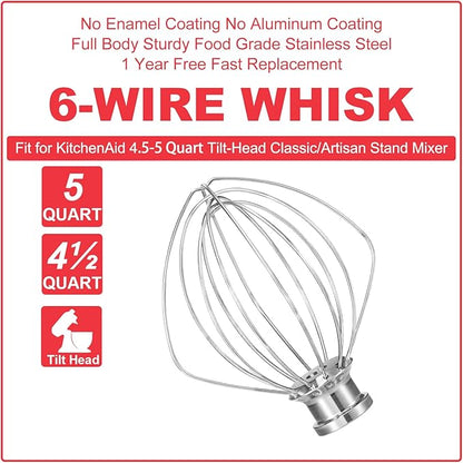 K45WW Stainless Steel Wire Whip for KitchenAid Artisan Series Tilt-Head Mixer 5 Quart Bowl, 6 Wire Whisk Fits for Artisan Mixer, Heavy Duty, Dishwasher Safe, Balloon Whisk