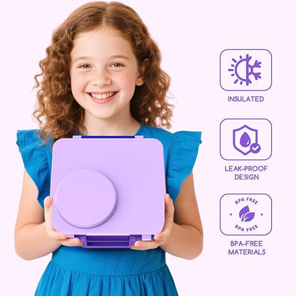 Bento Box for Kids - Leak-Proof Bento Lunch Box with Insulated Thermos Food Jar - 4 Compartments, 1 Removable Divider, 1Spoon, 1 Fork - Dishwasher Safe, BPA-Free (Light purple)