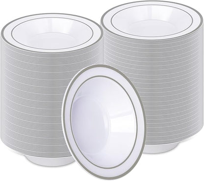 BESTVIP 200 Pack Plastic Bowls with Silver Rim, 12 oz Disposable Soup Bowls, Heavy-duty Dessert Fruit Bowl for Party, Wedding, Christmas, Thanksgiving, Dinner Catering
