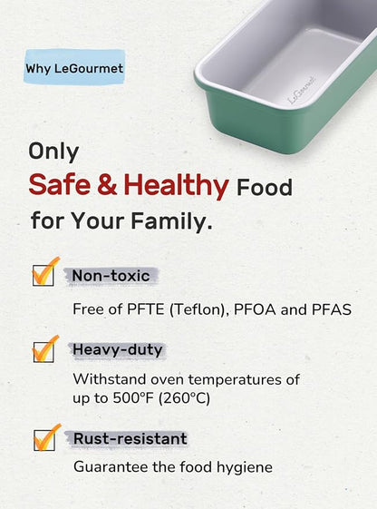 LeGourmet Nonstick Bread Loaf Pan 9 X 5 Inch, Ceramic Coating, Non-Toxic, Rust Resistant Aluminized Steel, Perfect 1 lb Baking Dish for Meatloaf, Pound Cake & Brownie (Rosemary 2pcs)