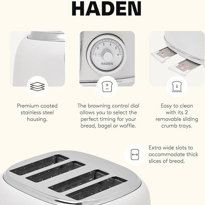 Haden Chelsea 4 Slice Wide Slot Toaster with Adjustable Browning Control, Ivory & Chrome