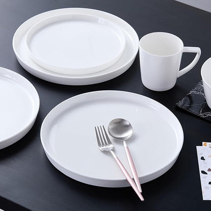 Stone Lain Madeline Bone China 16 Piece Dinnerware, Plates and Bowls Sets for 4, White Dish Collection with Mugs, Modern Edge, Microwave & Dishwasher Safe