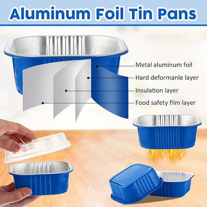 Aoriher 150 Pieces 10 oz Mini Cake Pans with Lids Aluminum Foil Baking Cups Square Disposable 4" x 4" Large Cupcake Cups Baking Tins for Kitchen Brownie Pudding Desserts Holders(Blue)