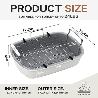 Nonstick Turkey Roasting Pan with Rack, 17 x 13 Inch Turkey Pan, large roaster pan for Meat & Vegetable, White